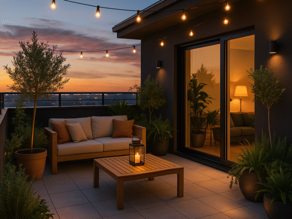 Terraza moderna en la azotea con decoración elegante, iluminación ambiental y plantas verdes al atardecer